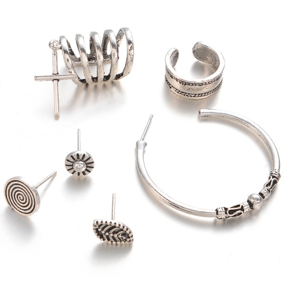 Boho Leaf Circle Cross Wrap Ear Cuff Stud Earrings - Picture 4 of 5